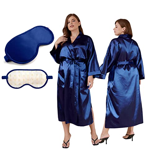 Joey Macon Damen Plus Size Elegant Seide Kimono Robe Lang Kurz Curvy Damen Charmeuse Satin Cardigan Nachtwäsche bis 3XL, Midnight Blue Langer Bademantel, Einheitsgröße Mehr von Joey Macon