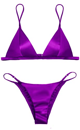 Joey Macon Seidiges Satin-Bralette-Slip-Set, dreieckig, weicher BH, Stretch, gewebt, Charmeuse, bunt, einfache Passform, bequem, Violett, X-Small von Joey Macon