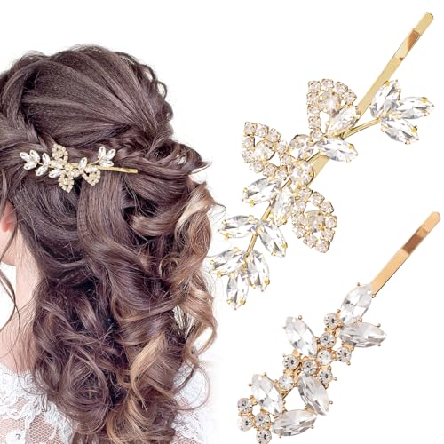 Joez Wonderful 4 Stück Strass Haarspangen Kristall Blatt Hochzeit Haarnadel Braut Haarschmuck funkelnde Diamant Haarspangen für Frauen Brautjungfern Braut (Gold, 2 Stile) von Joez Wonderful