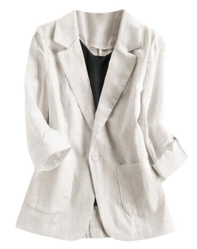 Jofemuho Damen-Blazer aus Baumwollleinen, 3/4-Ärmel, kurzärmelig, bauchfrei, Arbeit, beige, XX-Large Jofemuho Damen-Blazer aus Baumwollleinen, 3/4-Ärmel, kurzärmelig, bauchfrei, Arbeit, beige, XX-Large von Jofemuho