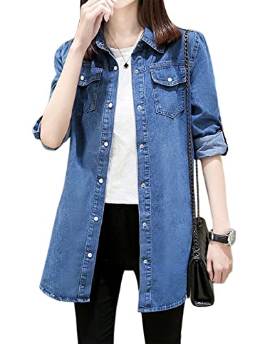 Jofemuho Damen Jeanshemd Langarm Button Down Jeansjacke Shirt, Dunkelblau, L von Jofemuho