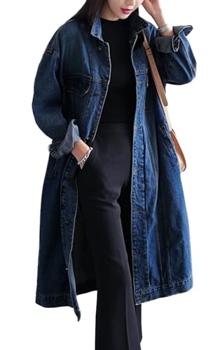 Jofemuho Damen Jeansjacke, klassisch, lang, Übergröße, lockere Ärmel, Knopfleiste, Denim-Jacke, Trenchcoat, dunkelblau, Large von Jofemuho