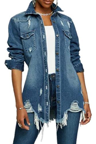 Jofemuho Damen Jeansjacke mit Knopfleiste, lockere Passform, lang, Übergröße - Blau - US-XXX-Large von Jofemuho