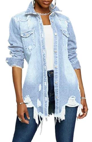 Jofemuho Damen Jeansjacke mit Knopfleiste, lockere Passform, lang, Übergröße - Blau - XX-Large Jofemuho Damen Jeansjacke mit Knopfleiste, lockere Passform, lang, Übergröße - Blau - XX-Large von Jofemuho