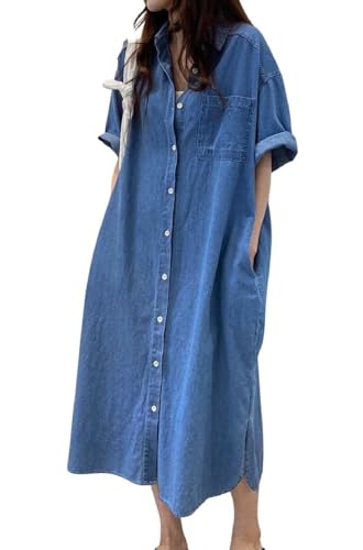 Jofemuho Damen Kurzarm Denim Button-Down Hemdkleid, W-Blau, X-Groß von Jofemuho