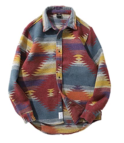 Jofemuho Herren Retro Azteken Print Flanell Shacket Langarm Gebürstete Button-Down Hemdjacke, Ein Rot, Mittel von Jofemuho