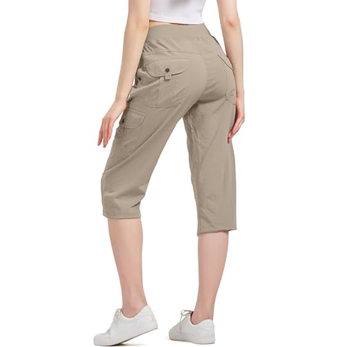 Hose Damen 3/4 Sommer Wanderhose Cargohose Caprihose Jogginghose Stretch Leichte Outdoor Sporthose für Reisen und Wandern Mit 6 Taschen Khaki-L-2032 von Jogwits