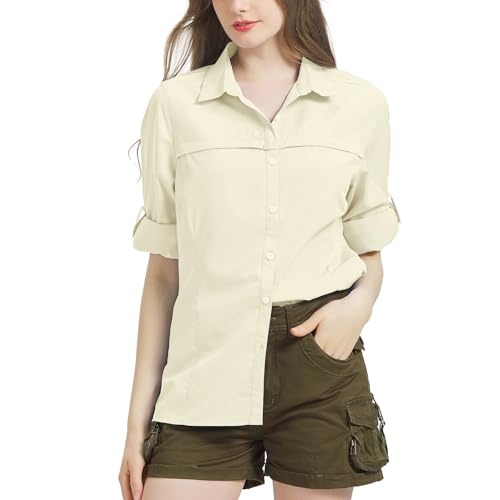 Bluse Damen UPF 50 UV Schutz Langarmshirt Shirt Safari Kleidung Damen Atmungsaktiv Quick Dry Outdoor Wanderhemd Casual Tops Sport Oberteile Light khaki-XL-5077 von Jogwits