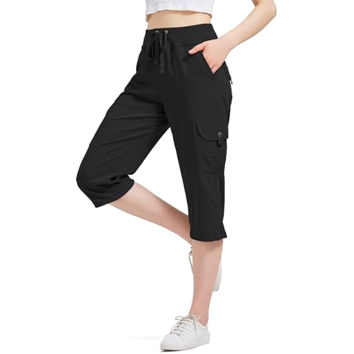 3/4 Hose Damen UPF 50 Outdoor Hose Wanderhose Sommer Freizeithose Jogginghose Khakihose Bequeme elastische leichte Schnelltrocken Outdoor Sporthose mit 6 Taschen Black-XL von Jogwits