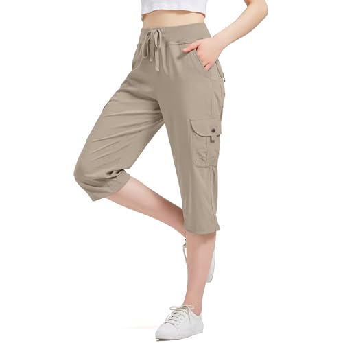 3/4 Hose Damen UPF 50 Outdoor Hose Wanderhose Sommer Freizeithose Jogginghose Khakihose Bequeme elastische leichte Schnelltrocken Outdoor Sporthose mit 6 Taschen Khaki-M von Jogwits