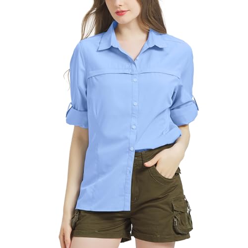 Bluse Damen UPF 50 UV Schutz Langarmshirt Shirt Safari Kleidung Damen Atmungsaktiv Quick Dry Outdoor Wanderhemd Casual Tops Sport Oberteile Blue-S-5077 von Jogwits