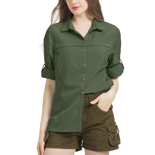 Bluse Damen UPF 50 UV Schutz Langarmshirt Shirt Safari Kleidung Damen Atmungsaktiv Quick Dry Outdoor Wanderhemd Casual Tops Sport Oberteile Army green-XL-5077 von Jogwits