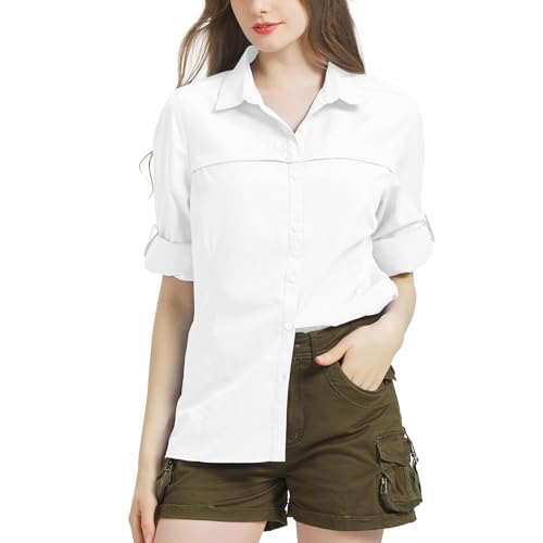 Bluse Damen UPF 50 UV Schutz Langarmshirt Shirt Safari Kleidung Damen Atmungsaktiv Quick Dry Outdoor Wanderhemd Casual Tops Sport Oberteile-White-L-5077 von Jogwits