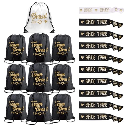 10 Sätze JGA Accessoires Frauen mit Team Bride Turnbeutel Armbänder,Junggesellenabschied Frauen Team Bride Turnbeutel Schwarz für Verlobung JGA Hochzeit Junggesellenabschied Braut Party. (Schwarz) von Johiux