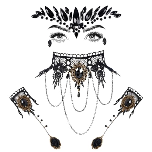 Johiux Karneval Gothic Schmuck Glitzersteine Gesicht Steampunk Damen,4 Stück Gothic Schmuck Set Halskette Armbänder Schmuck Spitze Kette Damen Gotisch Choker Zubehör Vampir-Sklaven-Armband Halloween. Johiux Karneval Gothic Schmuck Glitzersteine Gesicht Steampunk Damen,4 Stück Gothic Schmuck Set Halskette Armbänder Schmuck Spitze Kette Damen Gotisch Choker Zubehör Vampir-Sklaven-Armband Halloween. von Johiux