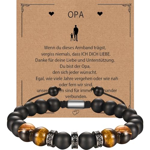 Johiux Opa Geschenk Geburtstag Armband Herren - Schwarzer Obsidian 8 mm Schmuck - Personalisierte Geschenke für Männer Mit Tigerauge von Johiux