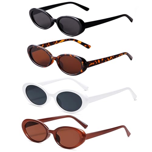 2 Stück Vintage Oval Sonnenbrille,Sunglasses für Woman,Sonnenbrille für Damen und Herren,Party Sonnenbrille,Aesthetic Accessoires Sunglasses Woman UV400 (4, Schwarz+Leopard Print+Weiß+Tannfarbe) von Johiux