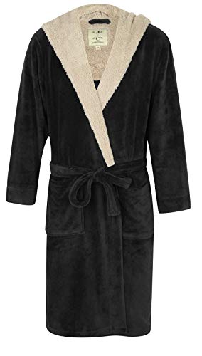 Herren Fleece-Bademantel mit Kapuze, warm, Schwarz mit Hellgrau - Schwarz - X-Large von John Christian