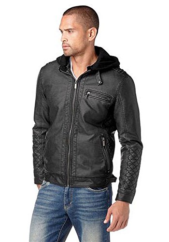 JOHN DEVIN Herren Lederimitat Jacke gefüttert mit abnehmbarer Sweat Kapuze Schwarz XL von John Devin