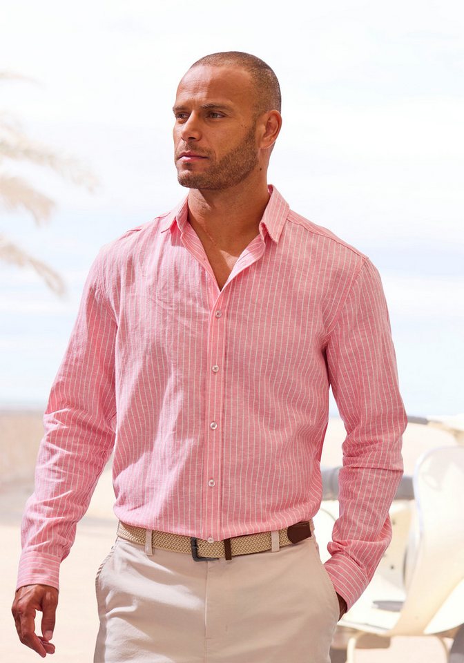 John Devin Langarmhemd in Leinenoptik, Streifenhemd aus reiner Baumwolle, regular-fit von John Devin