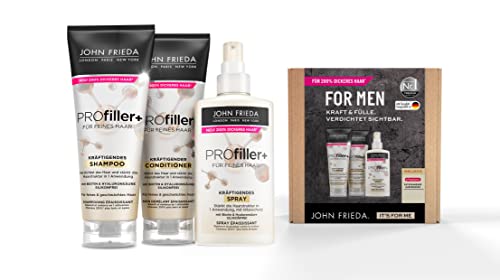 John Frieda Profiller + Vorteilsset - Perfekt für feines Männerhaar - Inhalt: Shampoo, 250ml + Conditioner, Kräftigendes Spray, 150ml - Versorgt das Haar mit Powerwirkstoffen von John Frieda