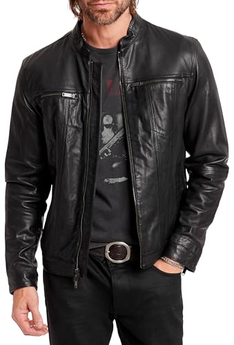 John Varvatos Herren Band Collar Leather Jacket Lederjacke, Schwarz, Large von John Varvatos