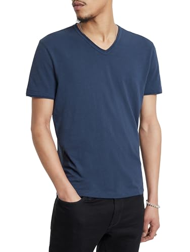 John Varvatos Herren Miles Kurzarm Slub V-Ausschnitt mit Cut Raw Edge T-Shirt, Geöltes Blau, L von John Varvatos