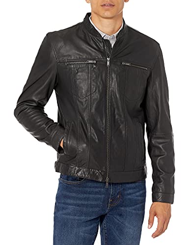 John Varvatos Herren Band Collar Leather Jacket Lederjacke, Schwarz, Large von John Varvatos