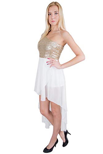 John Zack - asymmetrisches, cremefarbenes Kleid mit goldenen Pailletten Large von John Zack