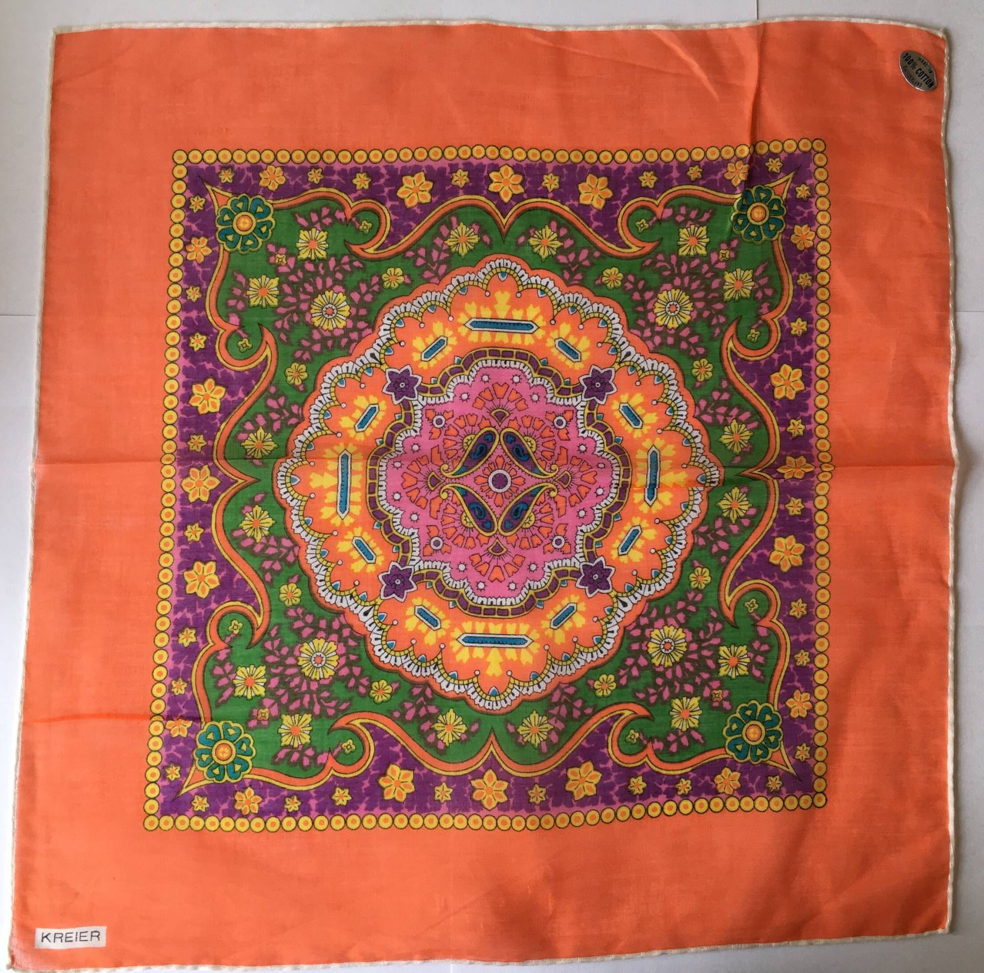 Kreier 100% Baumwoll-Taschentuch - Schönes Design in Orange, Pink Und Grün Neu Unbenußt Aus Vintage 1970Er Jahre Lager Kreier 100% Baumwoll-Taschentuch - Schönes Design in Orange, Pink Und Grün Neu Unbenußt Aus Vintage 1970Er Jahre Lager von JohnTjadenScarves