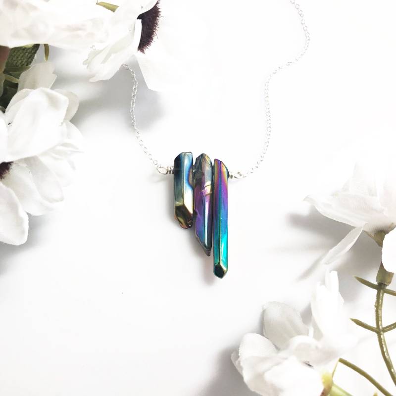 Draht Gewickelt Regenbogen Quarz Punkte Lange 30" Halskette Sterling Silber Kette von JohnnaJoyDesigns