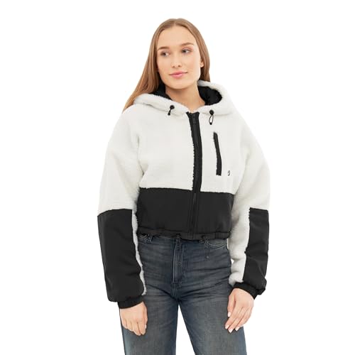 Johnny Urban Kurze Teddyjacke Damen & Herren Cream Schwarz - Carey - Cropped Unisex Sherpa Fleecejacke für Herbst & Winter - Teddy Jacke Mit Kapuze - Warme Übergangsjacke von Johnny Urban