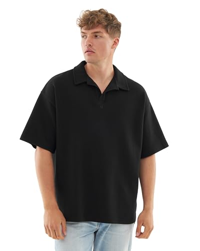 Johnny Urban Poloshirt Herren Schwarz - Landon - Oversized T Shirt aus Oeko Tex Baumwolle & Elasthan - Basic Kurzarm Polo Shirt - 280GSM - Oversize Fit von Johnny Urban