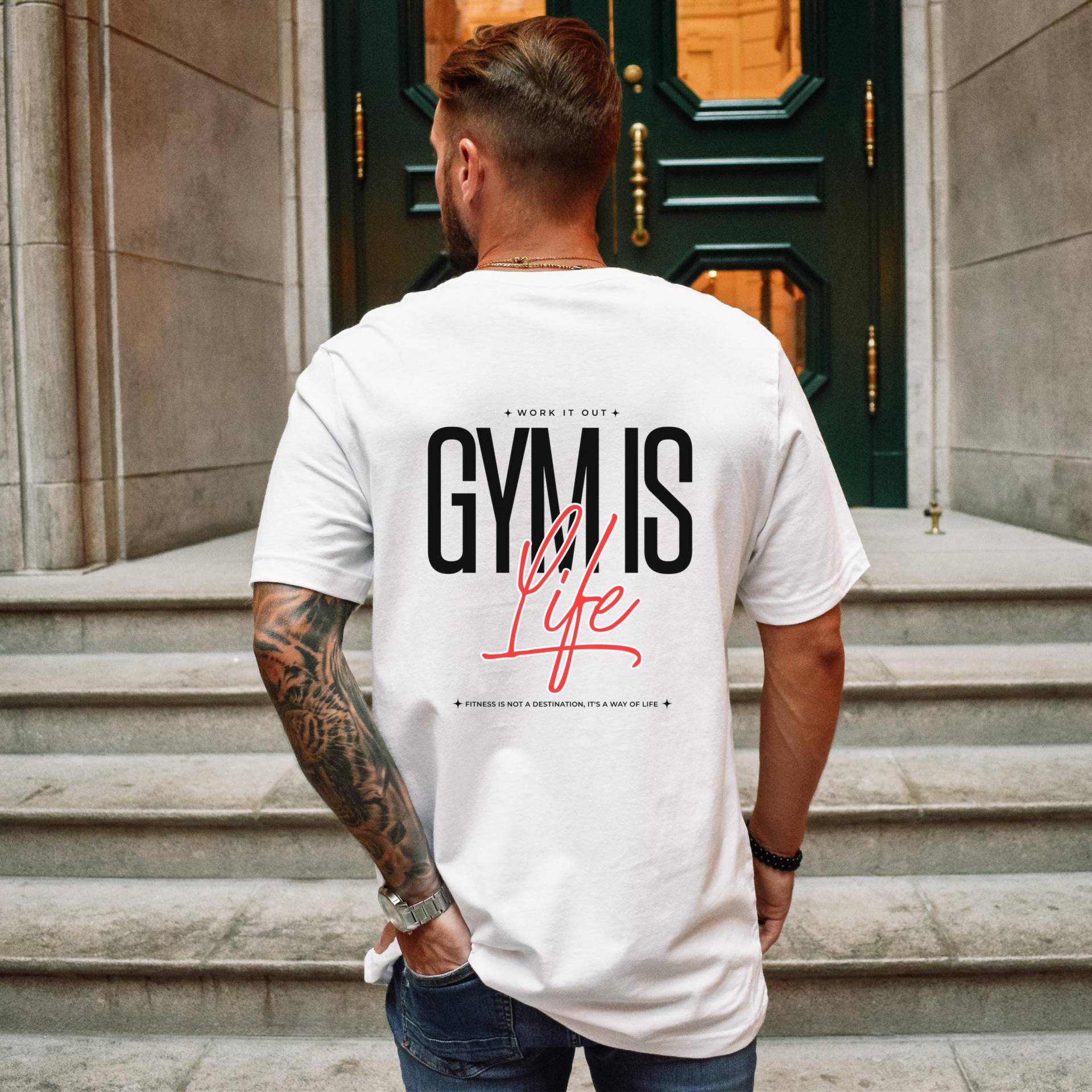 Gym Is Life Shirt With Bold Minimalist Design & Red Script For Dedicated Fitness Lovers Active Lifestyle Motivation von JohnnysClothing
