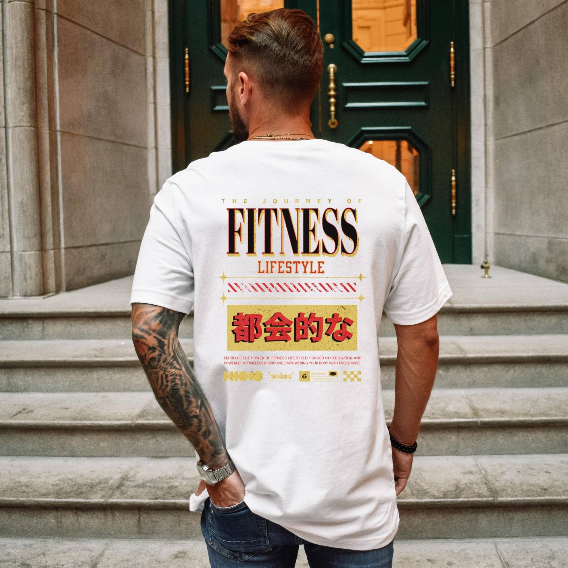 The Journey Of Fitness Lifestyle Shirt With Vintage Typography & Japanese Kanji Design For Gym Motivation Active Wear Fans von JohnnysClothing