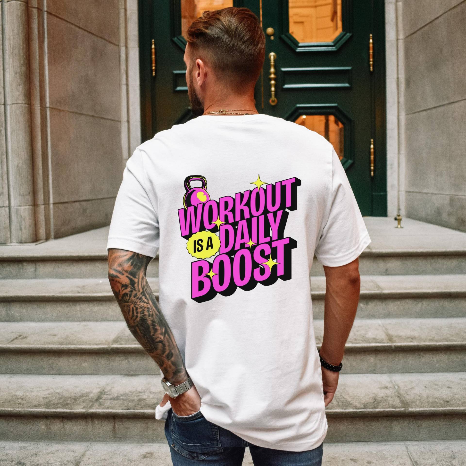 Workout Is A Daily Boost Gym Shirt With Bright Pink Typography & Kettlebell Design For Energetic Fitness Motivation Lovers von JohnnysClothing