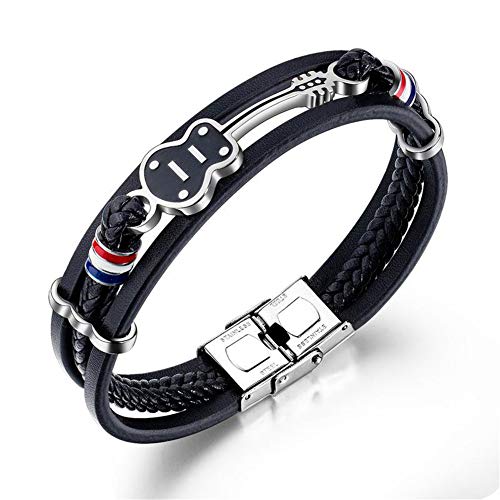 Joielavie 21 cm Armband Panzerkette für Herren aus Leder Edelstahl Motiv Gitarre Musikinstrument mehrere Reihen gewebt Rock Schmuck Geschenk von Joielavie