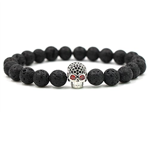 Joielavie Armband Totenkopf Schädel Augen Rot Diamant Simuliert Zirkonia Vulkanstein Kugel Perle Lava elastisch Handkette Schmuck Punk Rock Paar Liebe Geschenk Herren Damen (4 Farben), 19 cm, Stein von Joielavie