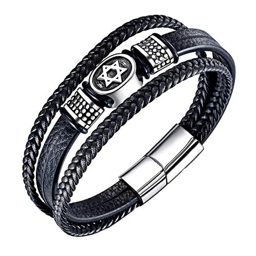 Joielavie Armband für Herren, Leder, Stahl, mit sechseckigem Davidsternen, mehrreihig, magnetischer Verschluss, geflochten Schmuck von Joielavie
