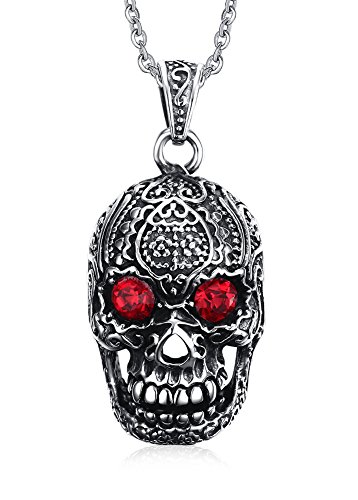 Joielavie Jewellery Pendant Necklace Skull Skeleton Head Red Eyes Faux Diamond Rhinestone Flower Engraved Stainless Steel Cool Punk Gift For Men von Joielavie