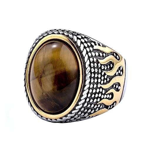 Joielavie Ring Siegelring Tigerauge Naturstein oval Flamme Gold Silber Edelstahl Schmuck Vintage Herren, Edelstahl von Joielavie