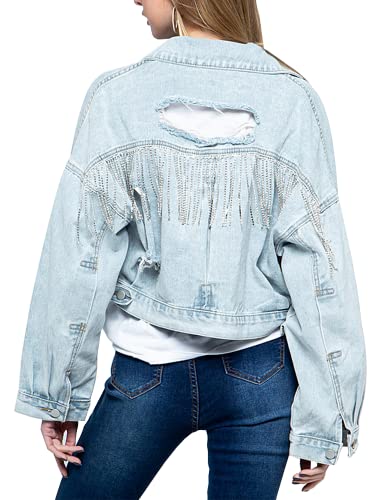 Joiemont Damen-Jeansjacke mit Fransen, Strasssteinen, langärmelig, Used-Look, zerrissene Jeansjacke mit Taschen, Hell, blau, S von Joiemont