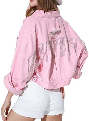 Joiemont Damen Jeansjacke mit Fransen Strass Langarm Distressed Ripped Denim Jacken mit Taschen, Helles Pink, L von Joiemont