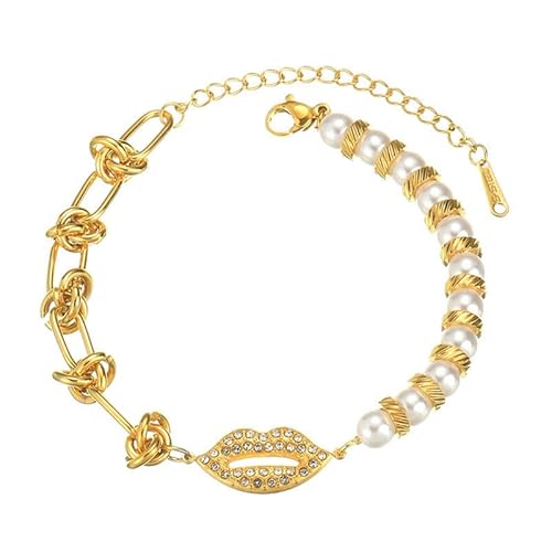 Joievievie Armband Puzzle, Perlen und Lippen, goldfarben, aus Edelstahl mit Zirkonia, Armband, Kette, verstellbar, elegant, Schmuck für Damen und Mädchen Joievievie Armband Puzzle, Perlen und Lippen, goldfarben, aus Edelstahl mit Zirkonia, Armband, Kette, verstellbar, elegant, Schmuck für Damen und Mädchen von Joievievie