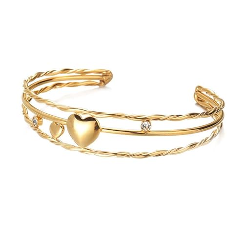Joievievie Damen-Armband, goldfarben, Edelstahl, dreilagig, durchbrochen, mit Strass, offenes Armband, elegant von Joievievie