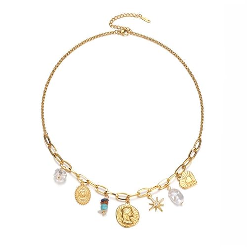 Joievievie Damen-Halskette mit Anhänger, Blume, Herz, Stern, Edelstahl, vergoldet, 18 K, Modeschmuck, 5 Motive, Edelstahl Joievievie Damen-Halskette mit Anhänger, Blume, Herz, Stern, Edelstahl, vergoldet, 18 K, Modeschmuck, 5 Motive, Edelstahl von Joievievie