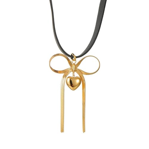 Joievievie Halskette Halsreif Schleife Herz Edelstahl Gold 18 K Kette Leder Schmuck Damen Mädchen, Edelstahl Joievievie Halskette Halsreif Schleife Herz Edelstahl Gold 18 K Kette Leder Schmuck Damen Mädchen, Edelstahl von Joievievie