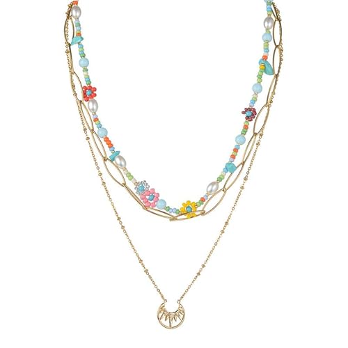 Joievievie Halskette mit dreifacher Schichtung Türkis Perle Blume bunt Mond Edelstahl Gold 18 K Halskette Bohème mehrreihig Damenschmuck von Joievievie