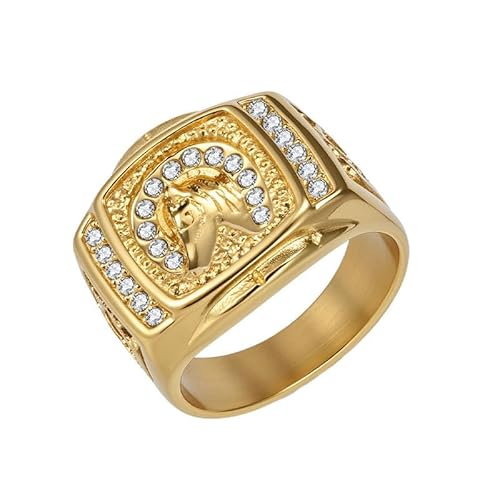 Joievievie Herren-Siegelring, Zirkonia, Pferdekopf, Edelstahl, vergoldet 18 K, Hip-Hop, männlicher Schmuck, Edelstahl von Joievievie