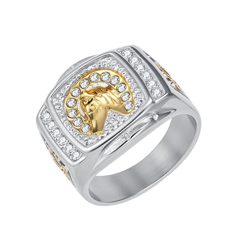 Joievievie Herren-Siegelring, Zirkonia, Pferdekopf, Edelstahl, vergoldet 18 K, Hip-Hop, männlicher Schmuck, Edelstahl von Joievievie